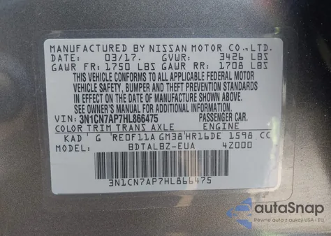 2017 Nissan Versa 1.6 Sv from USA, damaged, VIN 3N1CN7AP7HL866475